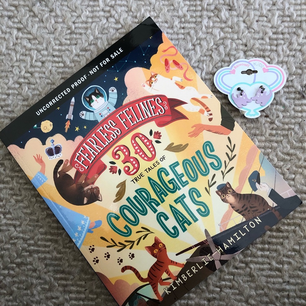 NWT cat earrings AND 30 true tales of courageous cats book!